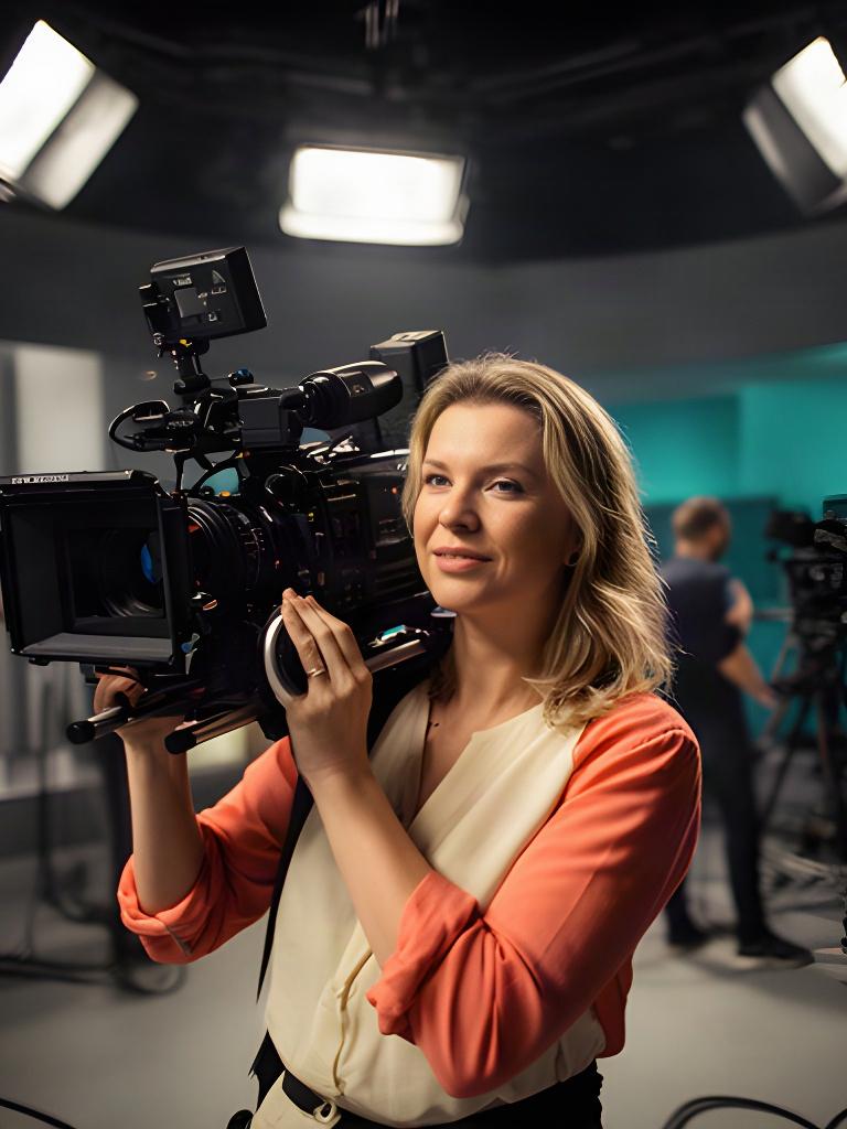 Kamerafrau mit Schulterkamera bei einer Fernsehproduktion im Studio
