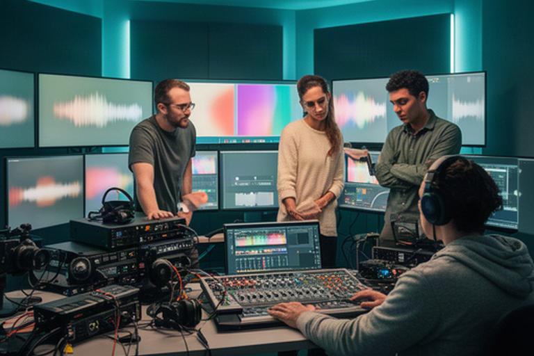 Streaming-Team prüft Bild- und Tonsignale in einem modernen Produktionsraum