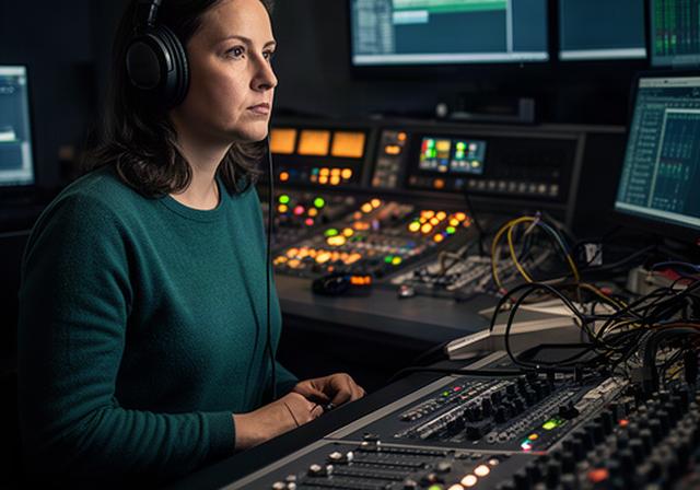 Marlise Schiegl in einem technischen Kontrollraum mit Ton- und Lichtpult