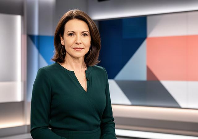 Tamar Duca im Nachrichtenstudio vor einer beleuchteten Studiowand