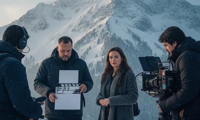 Alpine Filmkulisse mit Schauspielerin, Regieklappe und verschneitem Berghang im Hintergrund