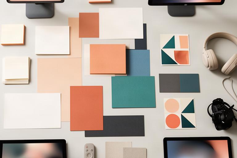 Nachgestellte Relaunch-Kampagne eines TV-Senders mit Farbmuster, Notizen und digitalen Anzeigen auf einem Arbeitstisch
